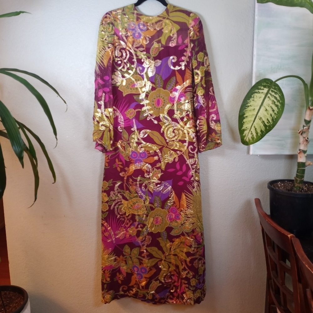 Mollie Parnis Vintage 60s Floral Sheer Silk Chiffon Purple Metallic Gold Dress M